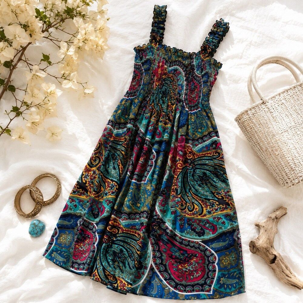 Win Win Turquoise Paisley Smocked Boho Sundress Ruffle Strap L/XL